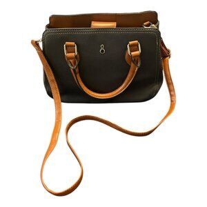 London Fog Black Pebbled Faux Leather Satchel – Tan Trim – 8 x 12 x 5 in – Gold